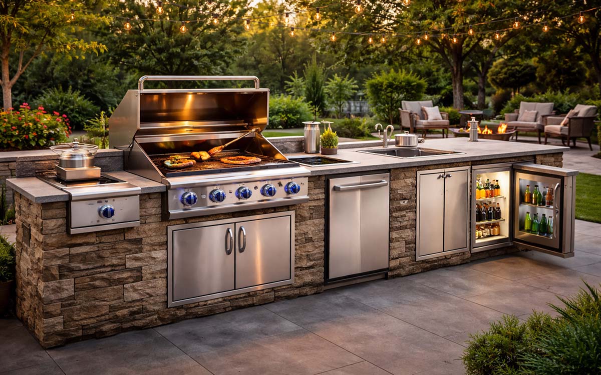 best built in outdoor kitchen appliances 2026 setup with grill and fridge